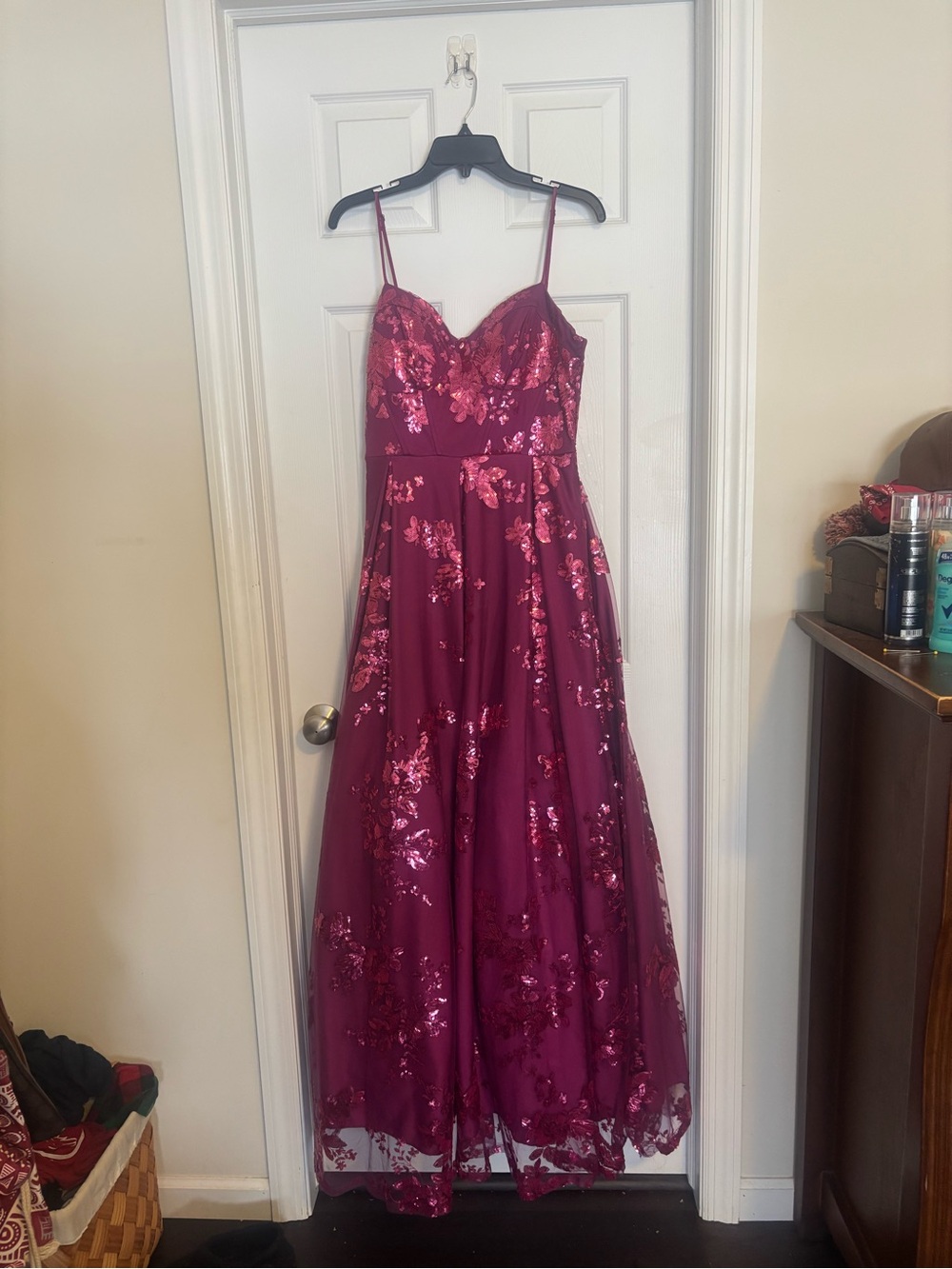 Sleeveless Burgundy Sequin Prom Gown with Spaghetti Straps
